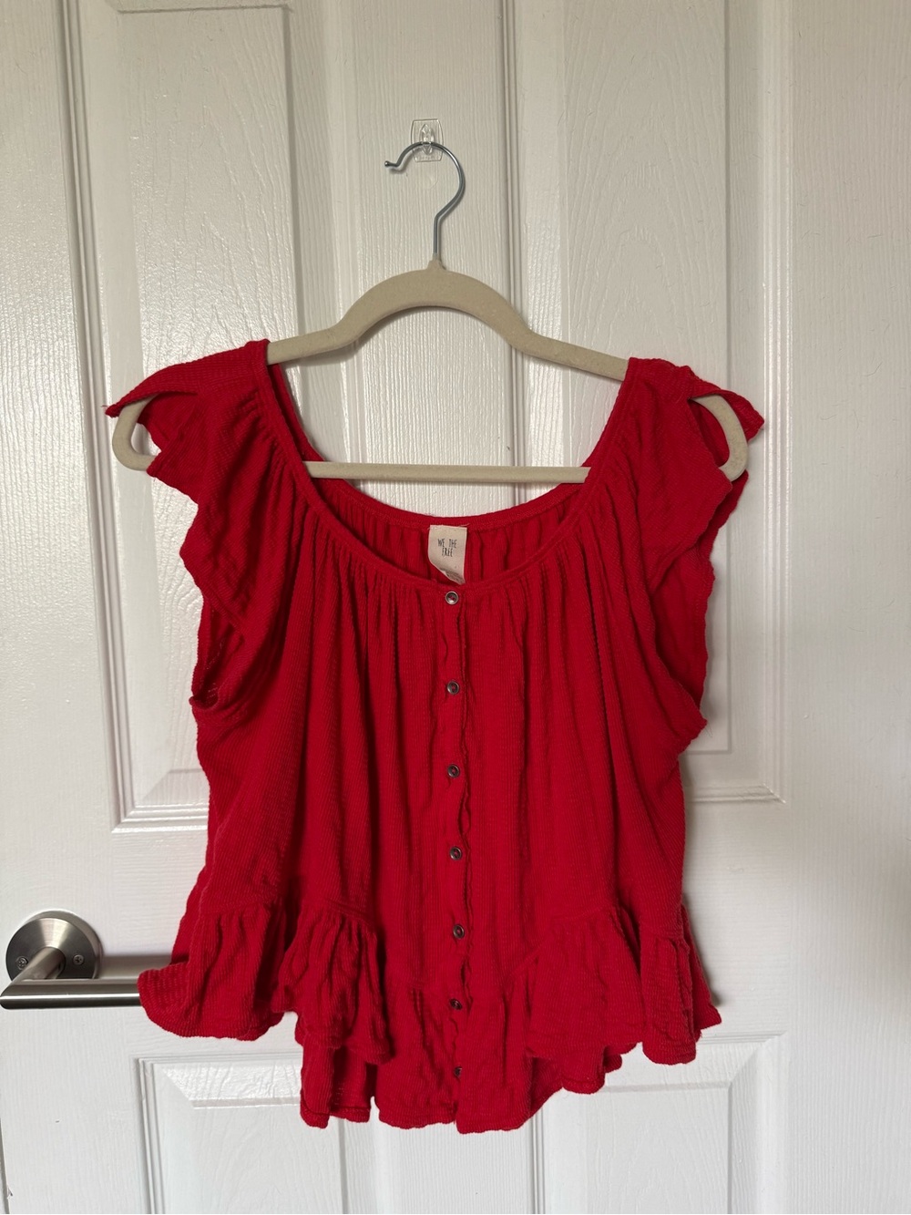 We The Free - Mint Julep Top - Cherry Red - Button-Front Ruffle Sleeve Top - Picture 2 of 6